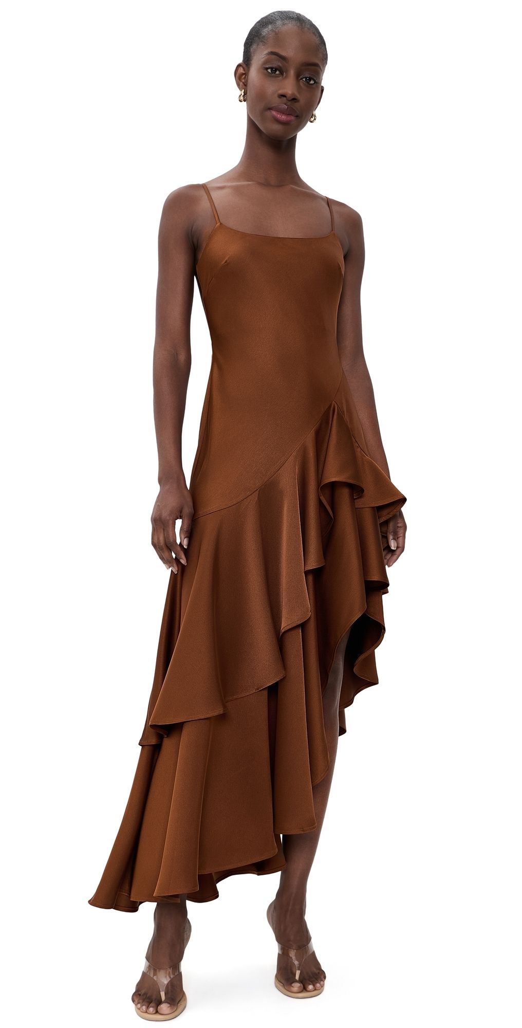 Susana Monaco Satin Double Ruffle High Low Dress Toast 12