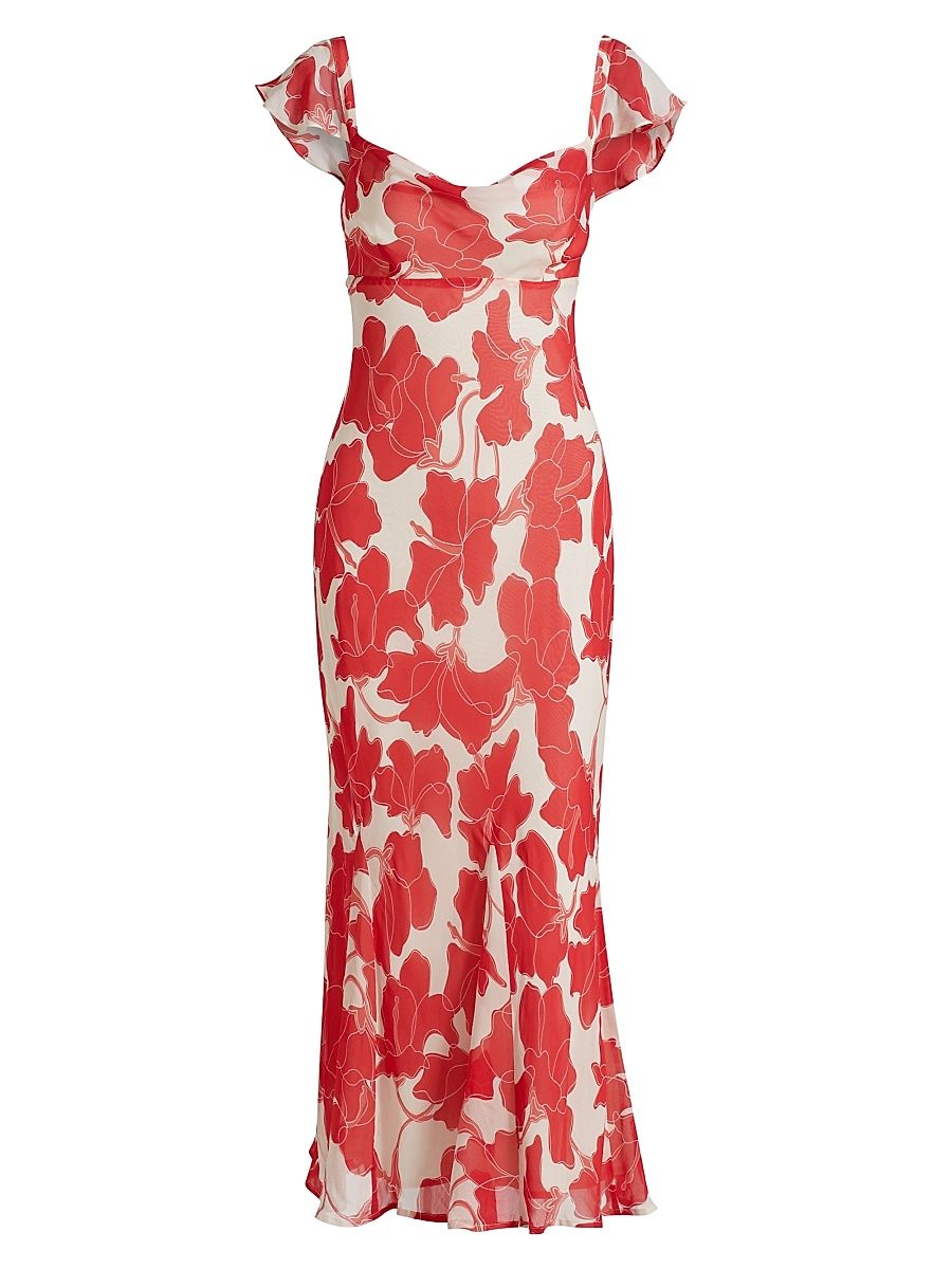 Women's Marigold Floral Chiffon Cowlneck Flutter-Sleeve Midi-Dress - Scarlet Hibiscus - Size Large