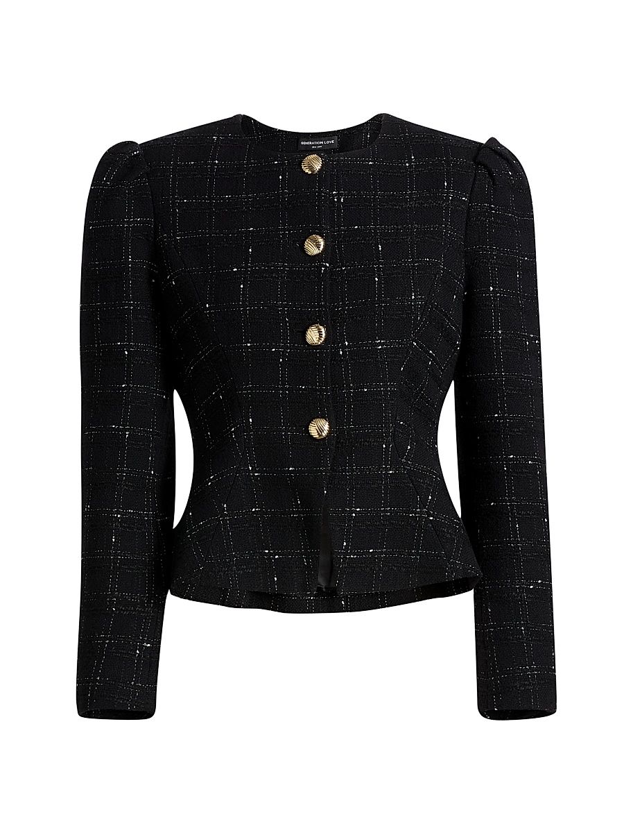 Women's Cynthia Windowpane Tweed Jacket - Black White - Size XL
