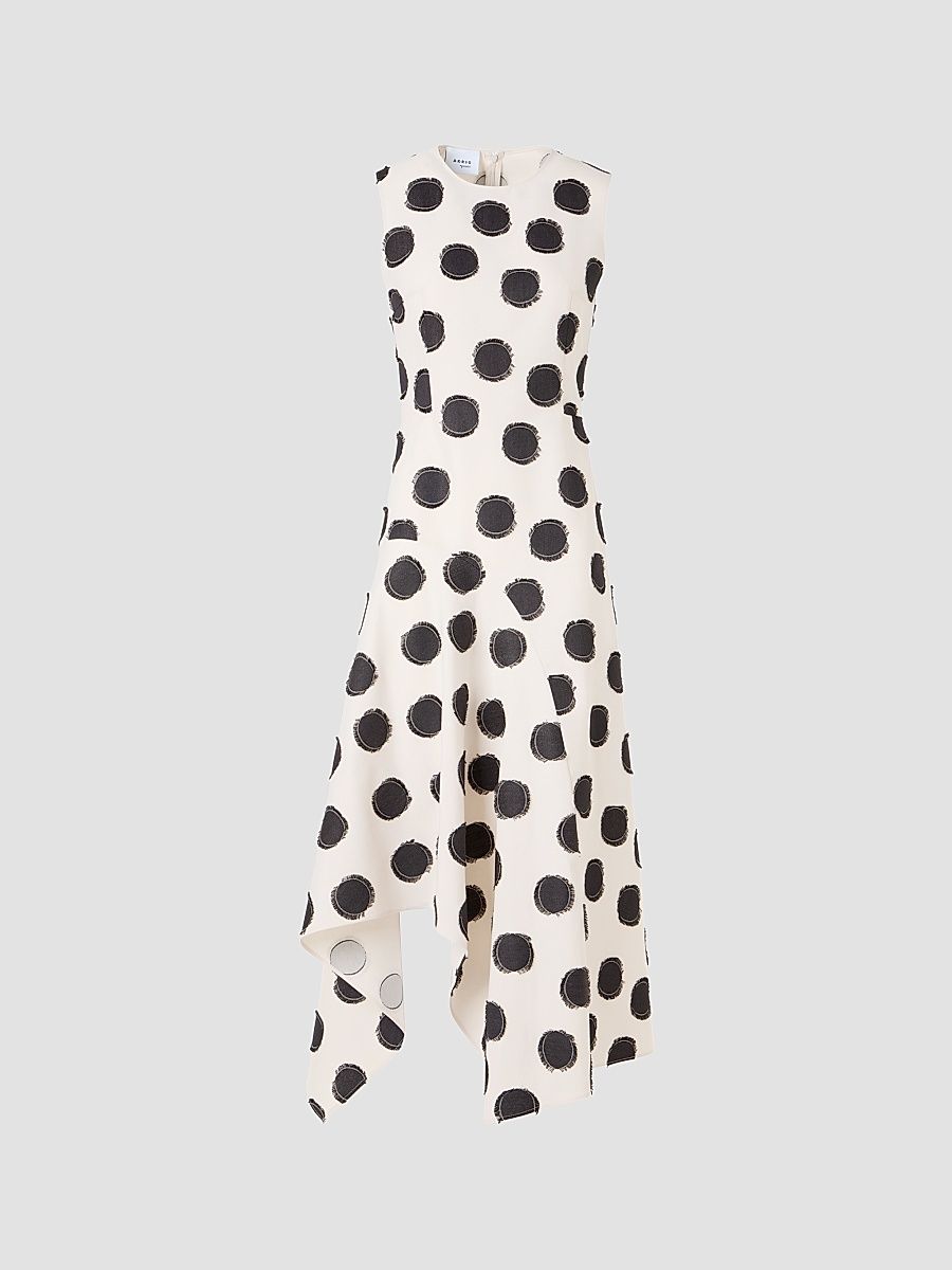 Women's Asymmetric Fringed Polka Dot Midi Dress - Cream Black - Size 16