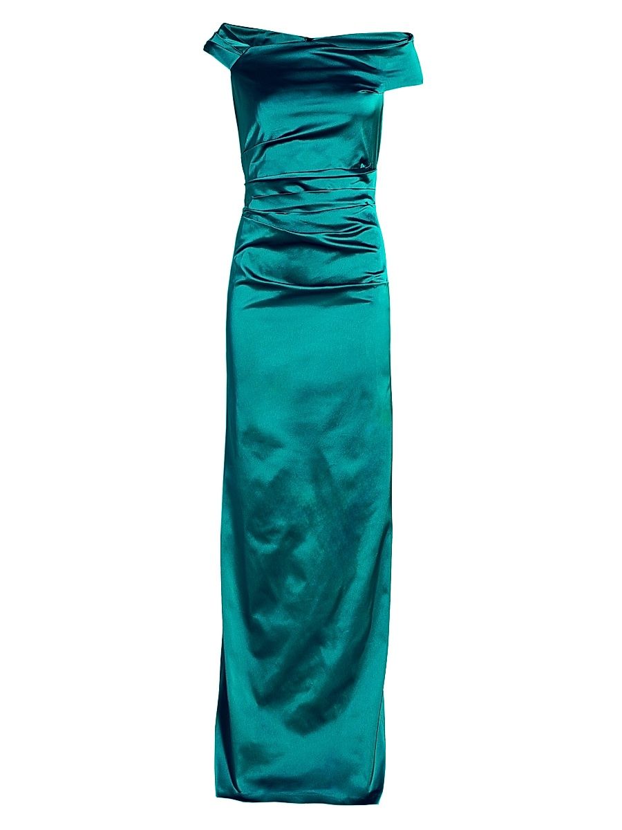 Women's Satin Off-the-Shoulder Column Gown - Teal - Size 18