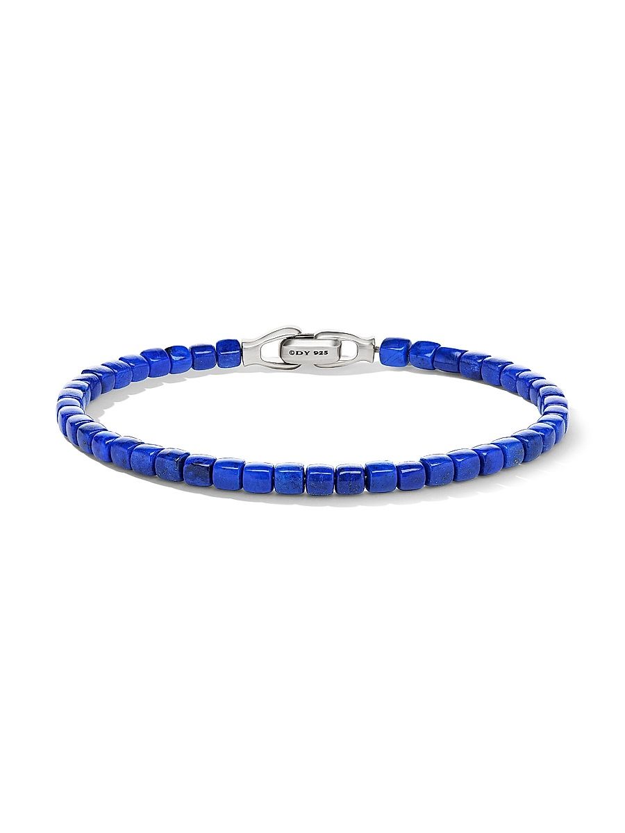 Men's Spiritual Beads Cushion Bracelet in Sterling Silver - Lapis Lazuli - Size Medium