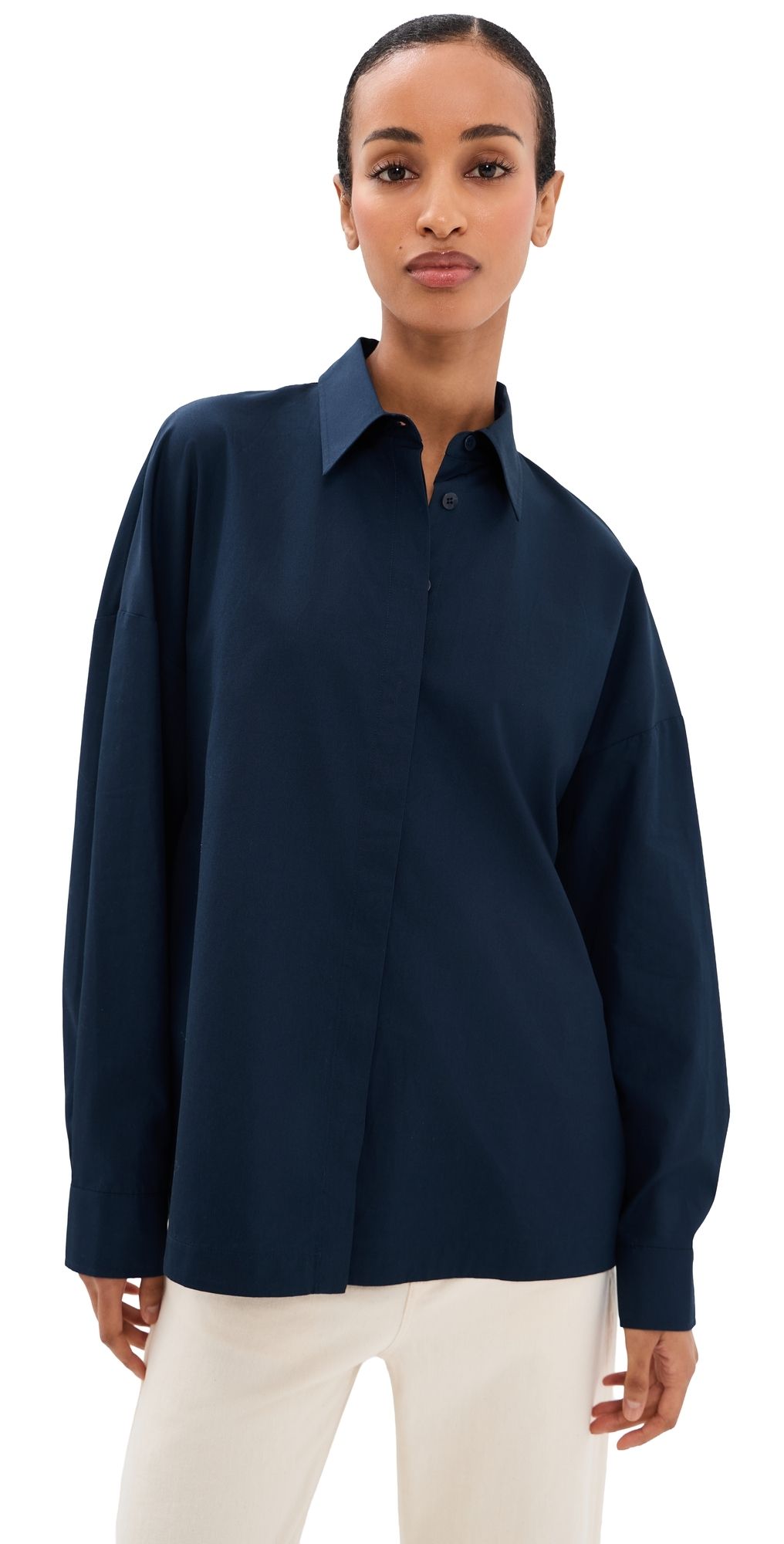 Tibi Gabe Oversized Button Down Shirt Navy M