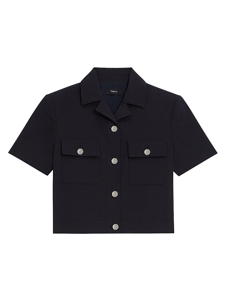 Women's Shrunke Cotton-Blend Button-Front Crop Shirt - Navy - Size 16
