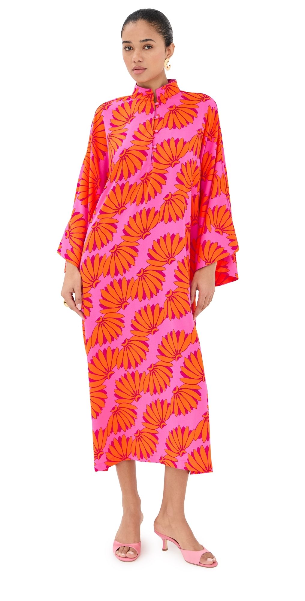 La Vie Style House Tropical Leaf Maxi Caftan Pink/Orange One Size