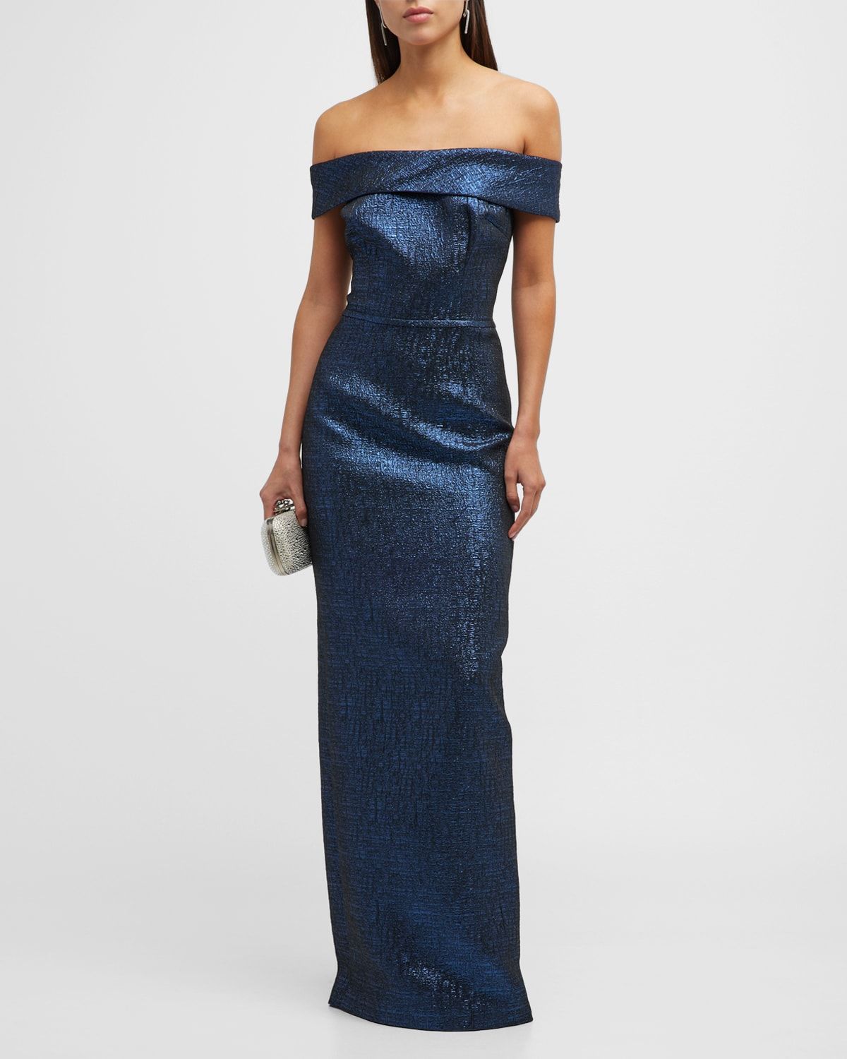 Cuffed Off-the-Shoulder Metallic Column Gown