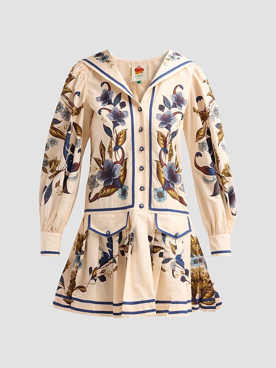 Farm Rio Women's Golden Nature Long-Sleeve Mini Dress - Light Beige - Size Large