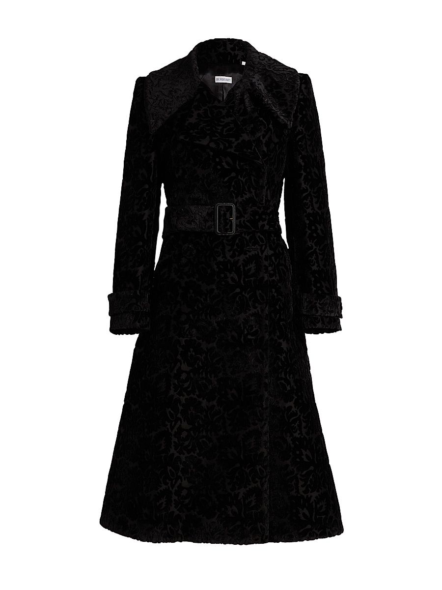 Women's Floral Silk-Cotton Velvet Jacquard Trench - Black Ip Pattern - Size 10