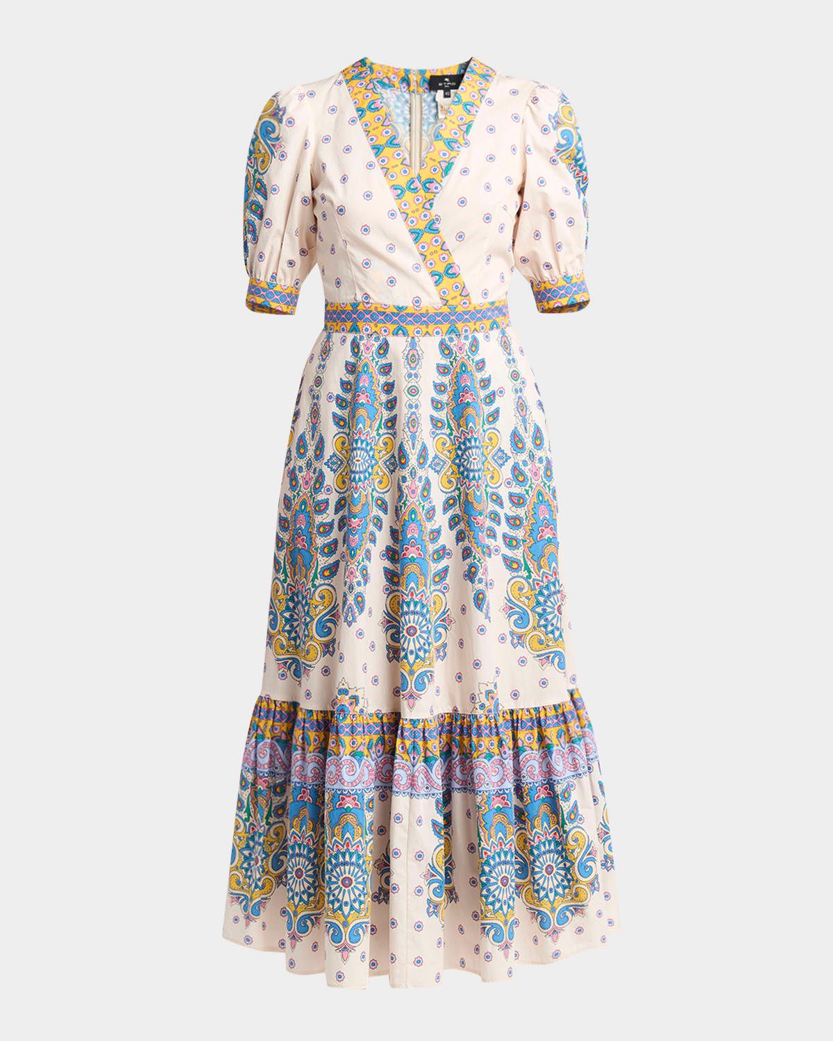 Paisley-Print Puff-Sleeve Midi Dress