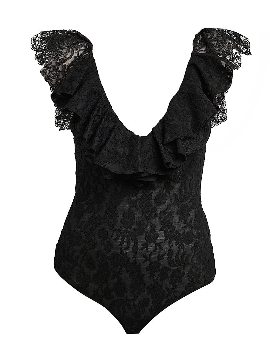 Women's Lace Ruffled Bodysuit - Black - Size 4