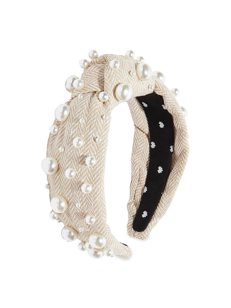 Women's Imitation Pearl Knotted Headband - Khaki Tweed