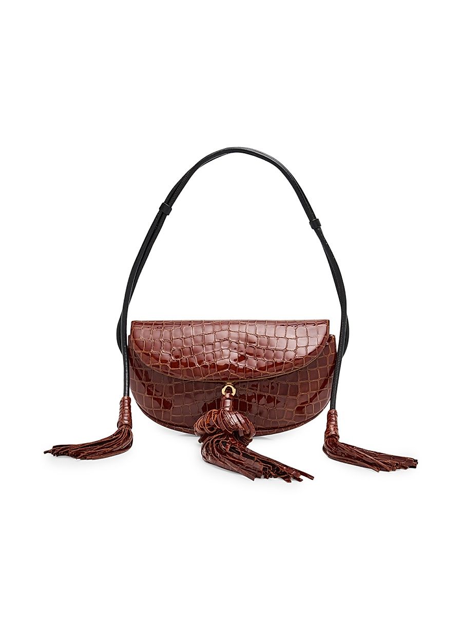 Women's Paloma Tasseled Croc-Embossed Leather Shoulder Bag - Chestnut