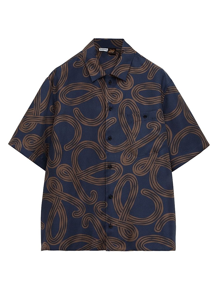 Men's LOEWE x Paula's Ibiza Silk Short-Sleeve Shirt - Navy Brown - Size 36