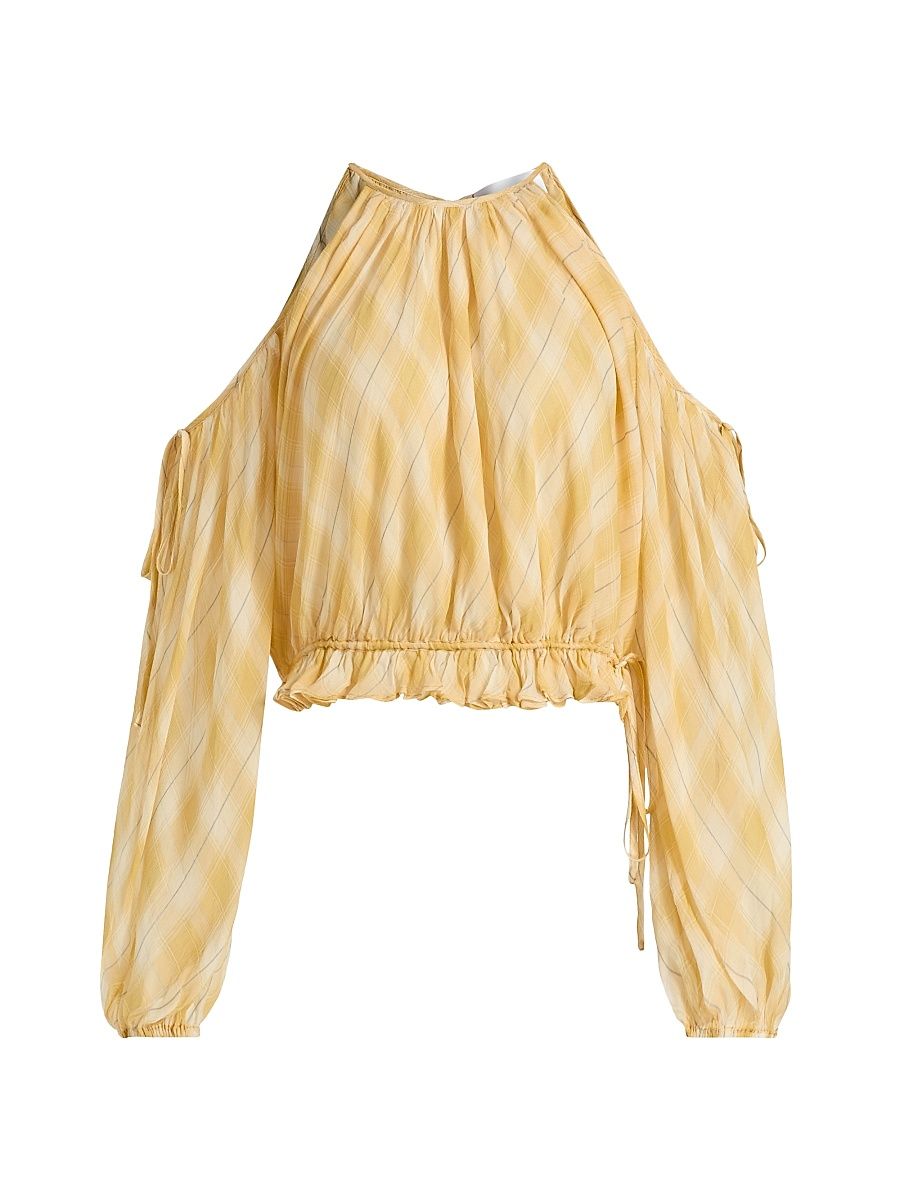 Women's Kiera Shadow Plaid Cold-Shoulder Top - Yellow Plaid - Size Medium