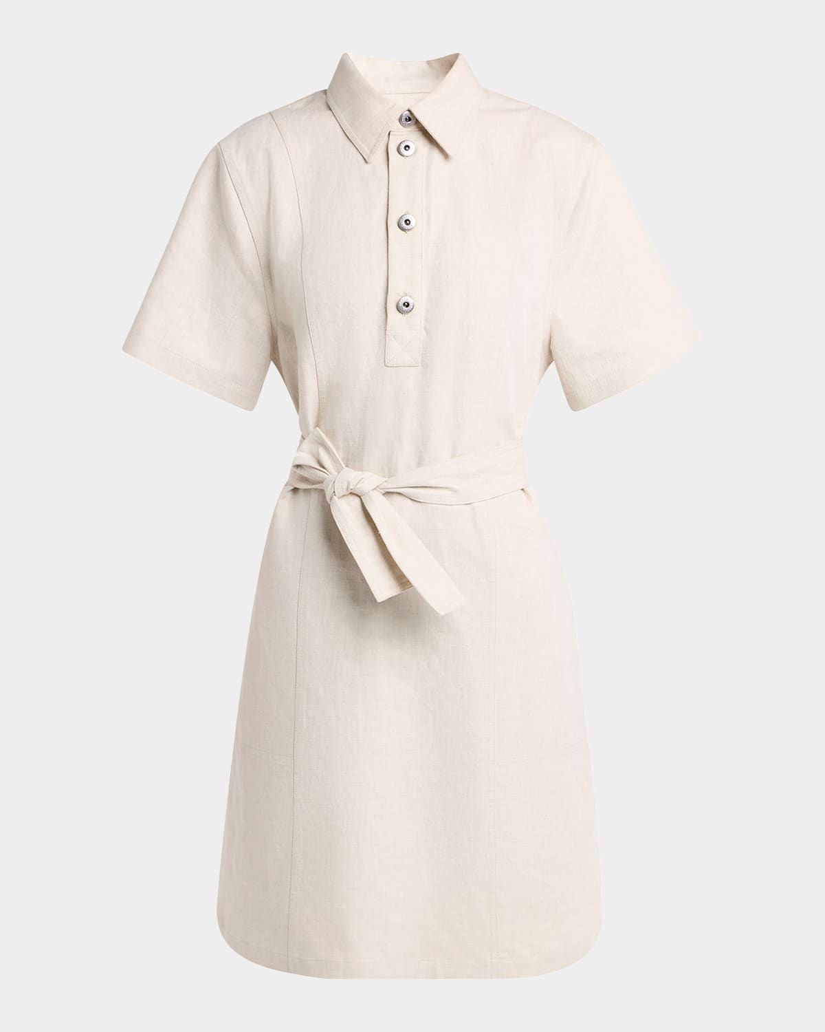Short-Sleeve Belted Cotton-Linen Twill Mini Shirtdress