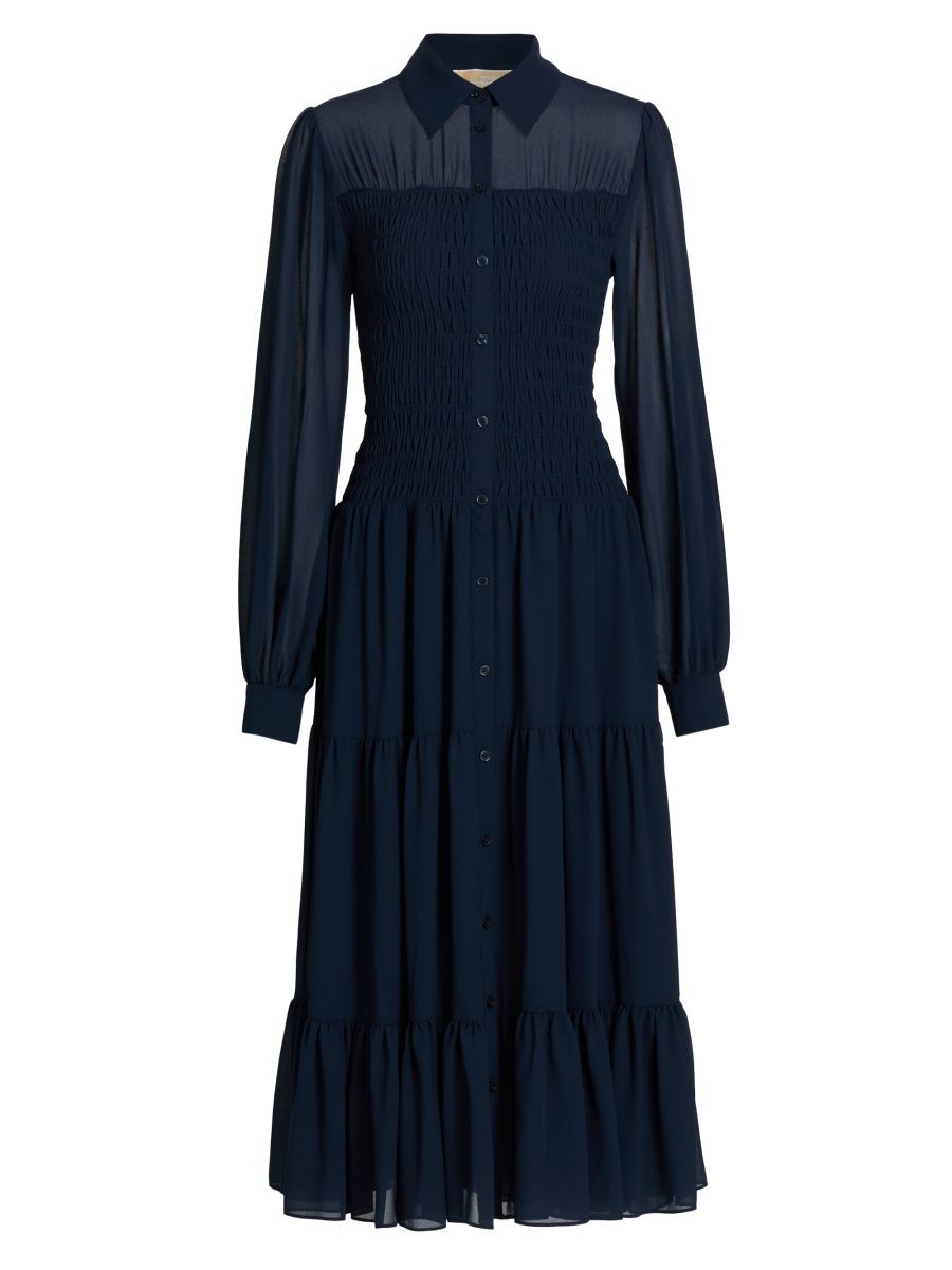 MICHAEL Michael Kors Women's Smocked Button-Front Shirtdress - Midnight Blue - Size Large