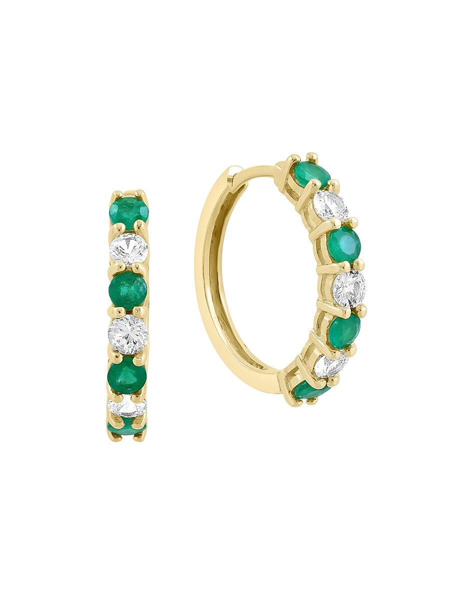 Women's 14K Yellow Gold, Emerald & 0.59 TCW Diamond Huggie Earrings - Yellow Gold