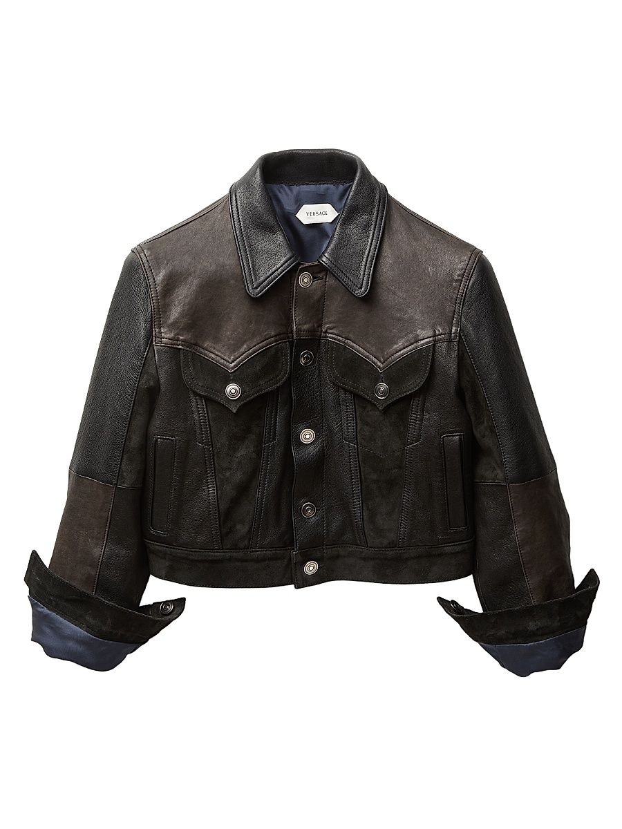Women's Two-Tone Leather Blouson-Style Jacket - Black - Size 12