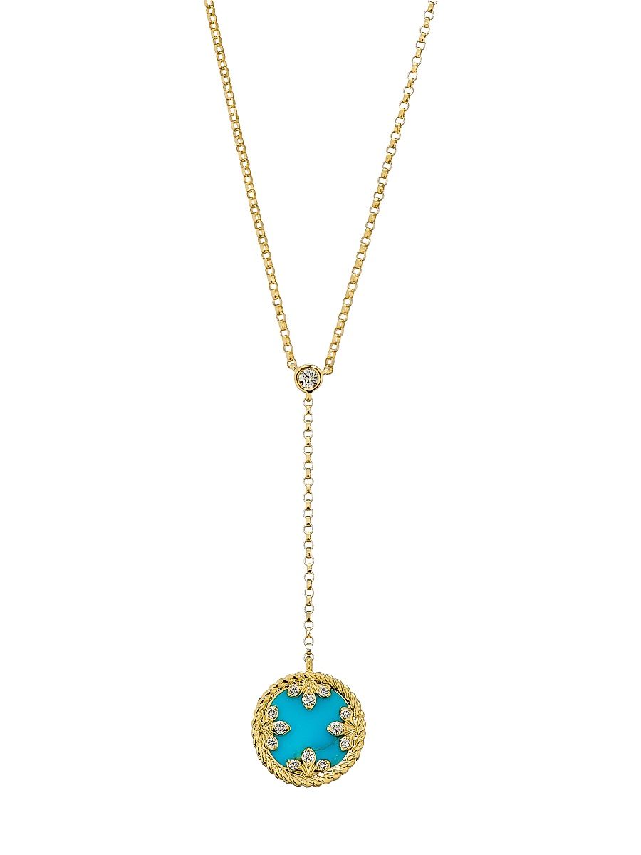 Women's Venetian Medallion 18K Yellow Gold, Turquoise & 0.07 TCW Diamond Lariat Necklace - Yellow Gold