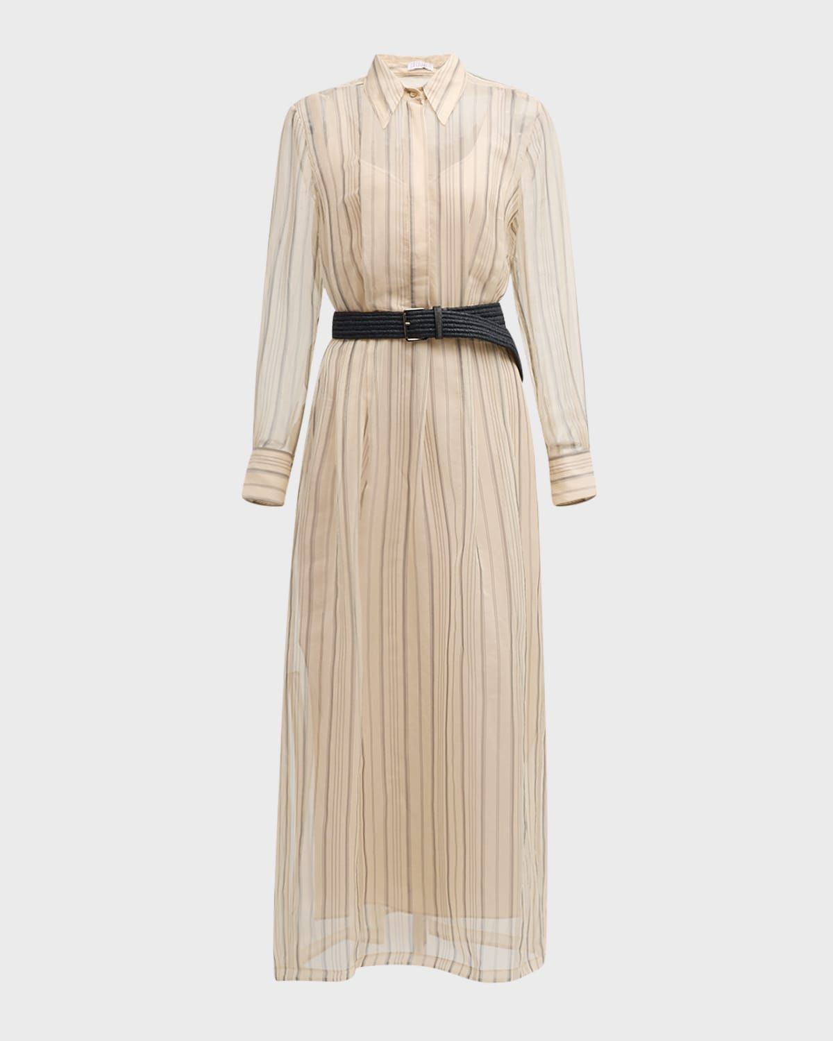 Striped Chiffon Maxi Shirtdress With Monili-Trim Raffia Belt