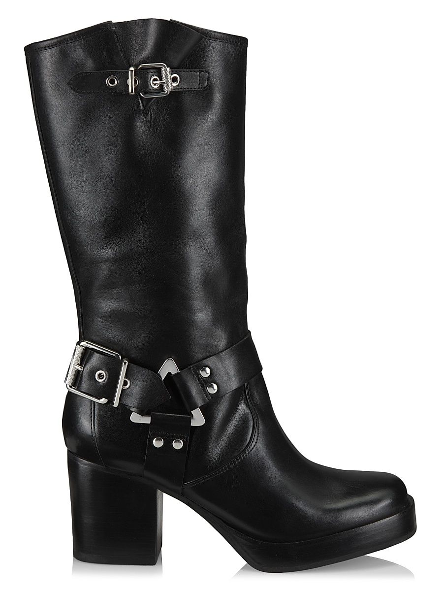 Women's Kiara 76MM Leather Zip-Up Block Heel Boots - Black - Size 9.5