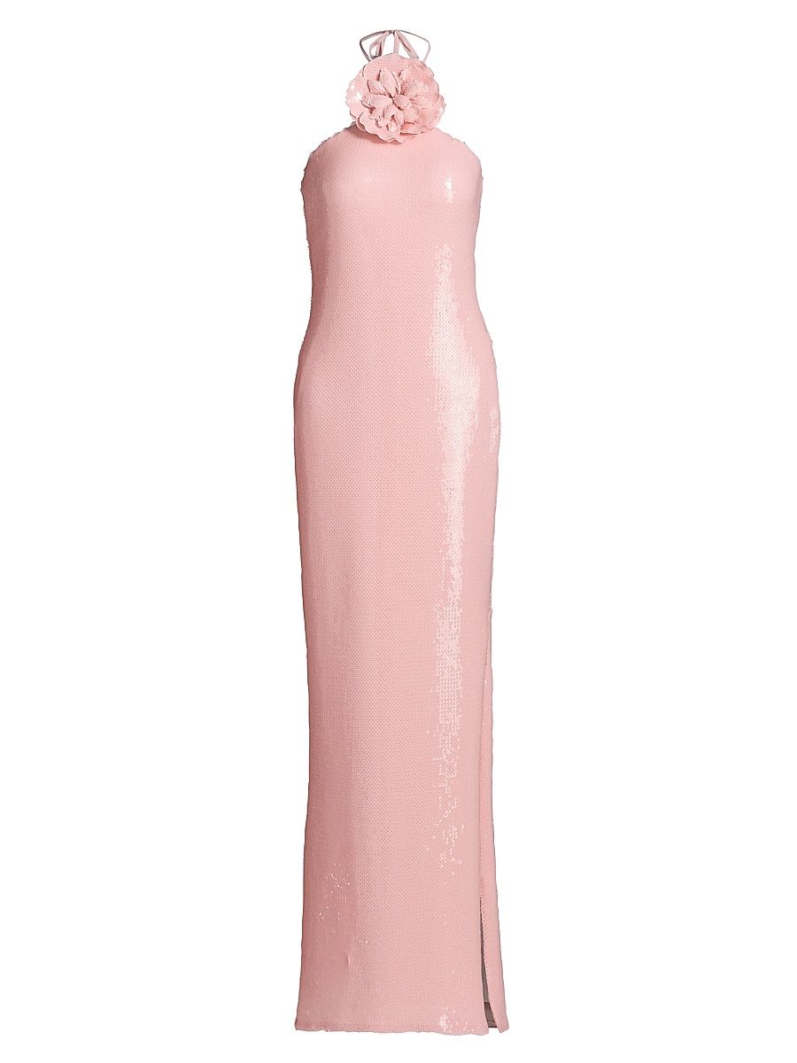 Women's Sequined Floral Halter Cocktail Dress - Pink - Size 10