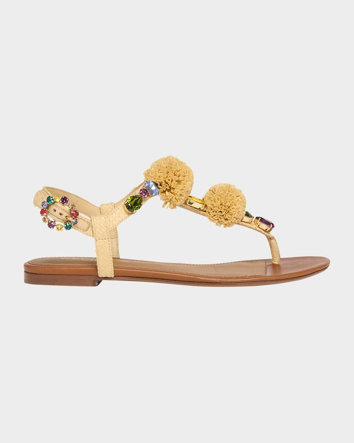 Raffia Pom Pom Gem Thong Sandals