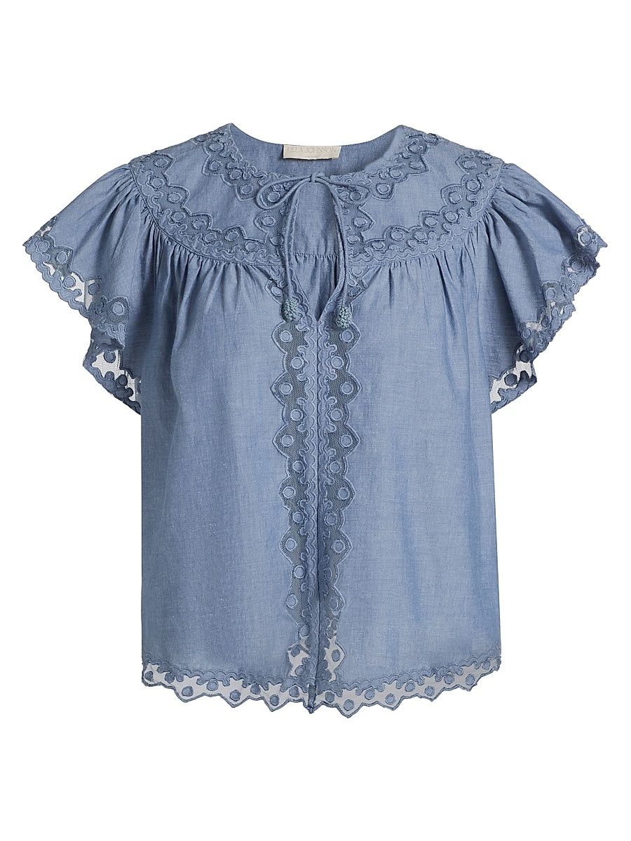 Women's Effie Lace-Trim Cotton Flutter-Sleeve Top - Chambray - Size 14