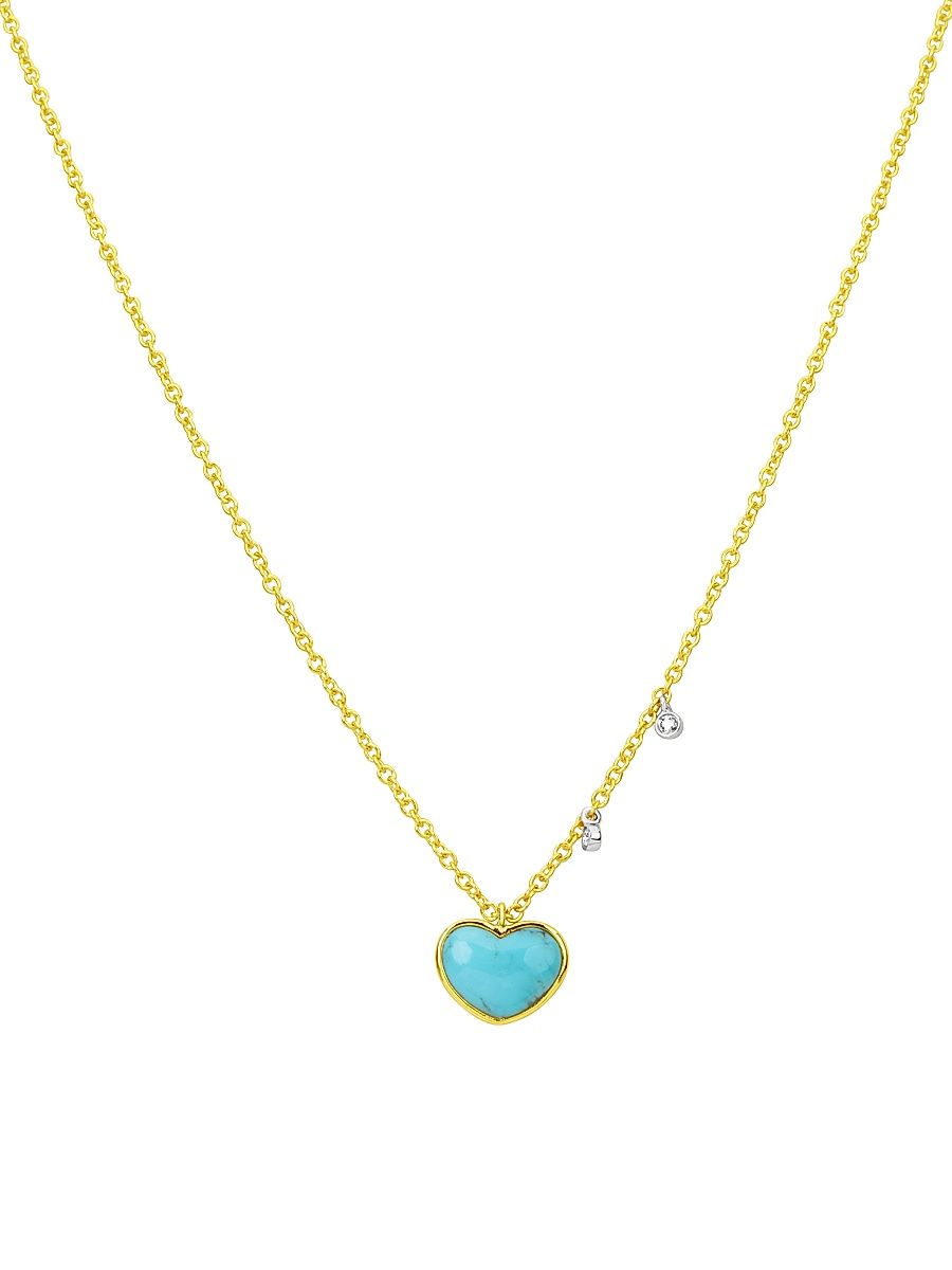 Women's 14K Yellow Gold, .04 TCW Diamond & Turquoise Heart Necklace - Yellow Gold
