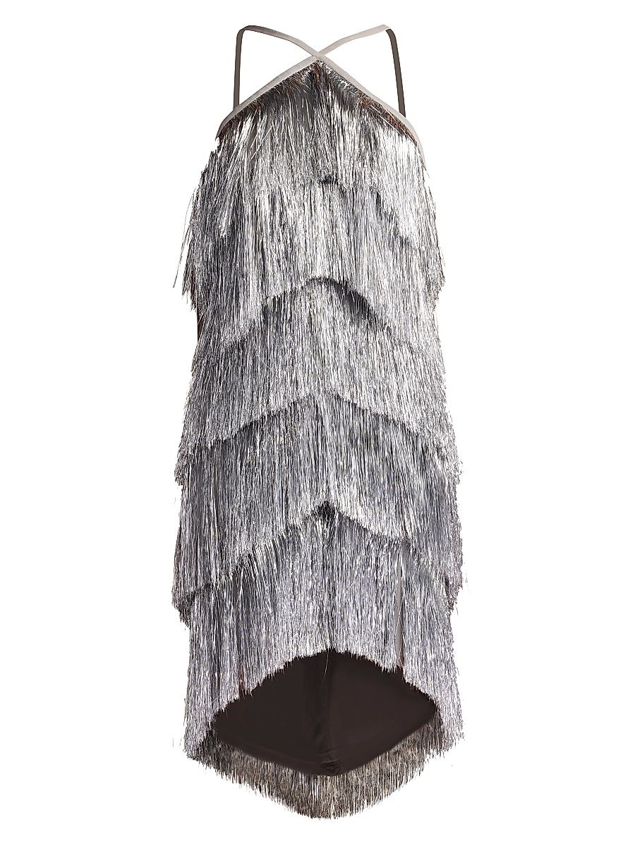 Women's Metallic Fringed Minidress - Platinum - Size 4