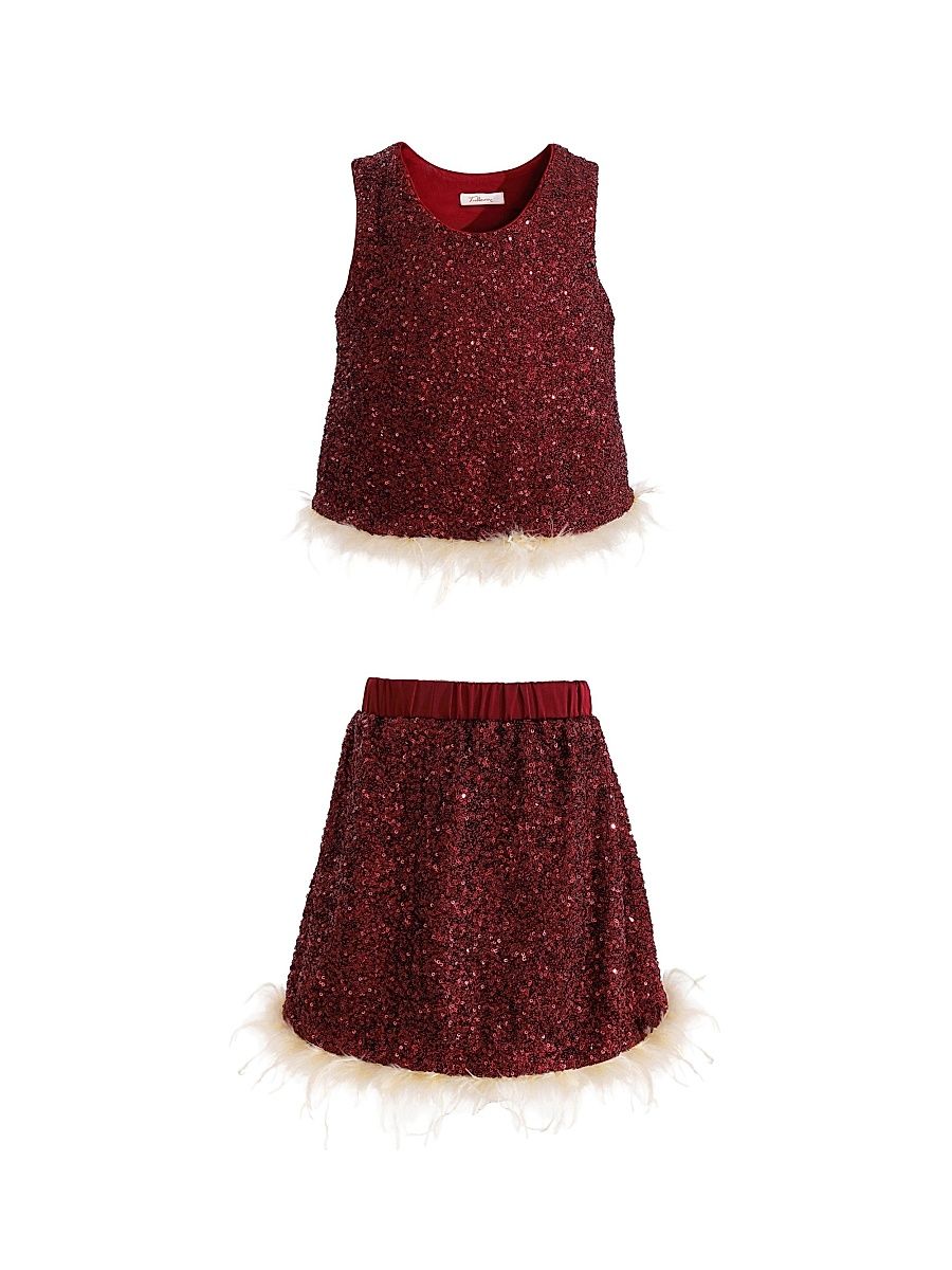 Little Girl's & Girl's Sequin Feather-Trim Outfit Set - Red - Size 9