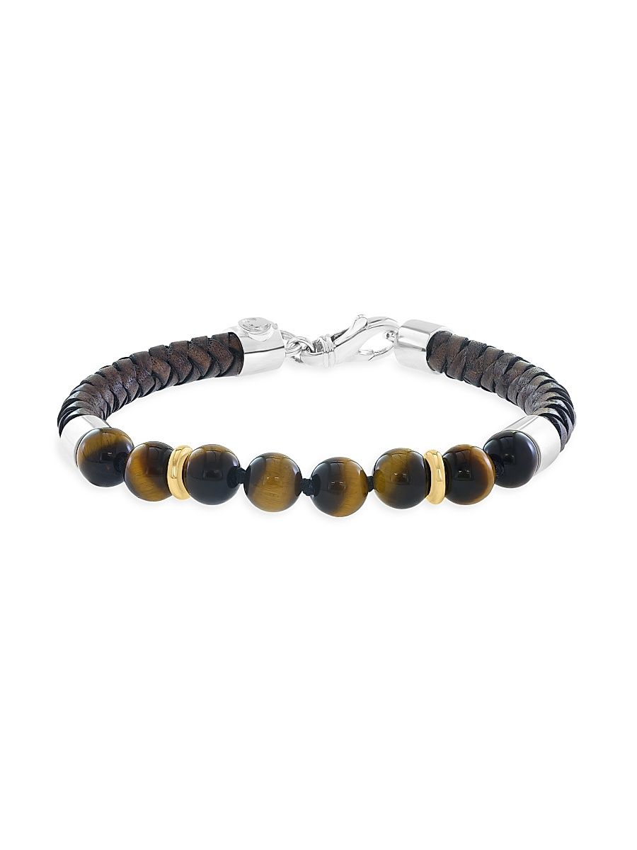 Men's Sterling Silver, Leather & Tiger's Eye Bracelet - Sterling Silver