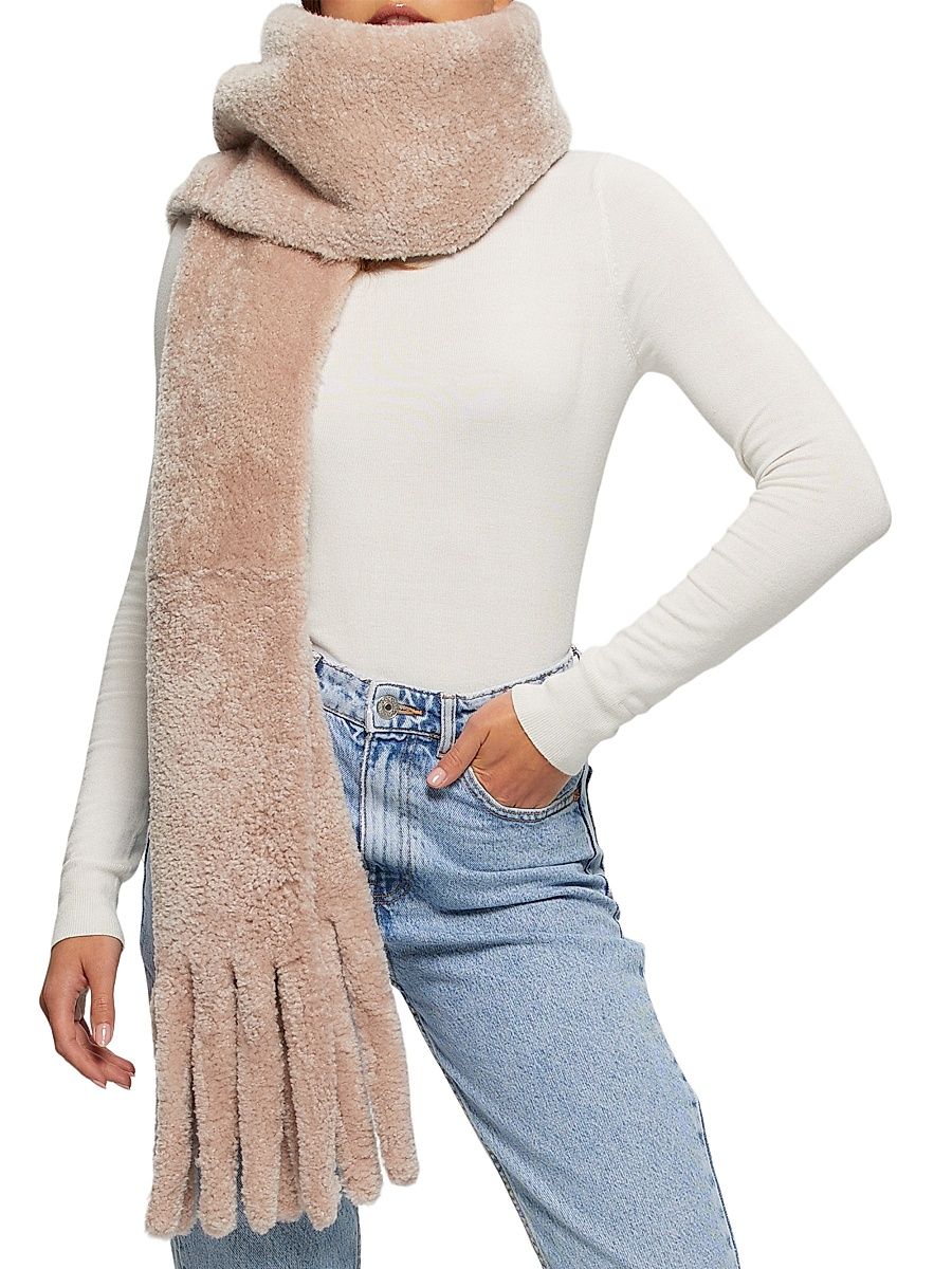 Women's Silky Shearling Lamb Stole with Fringes - Blush