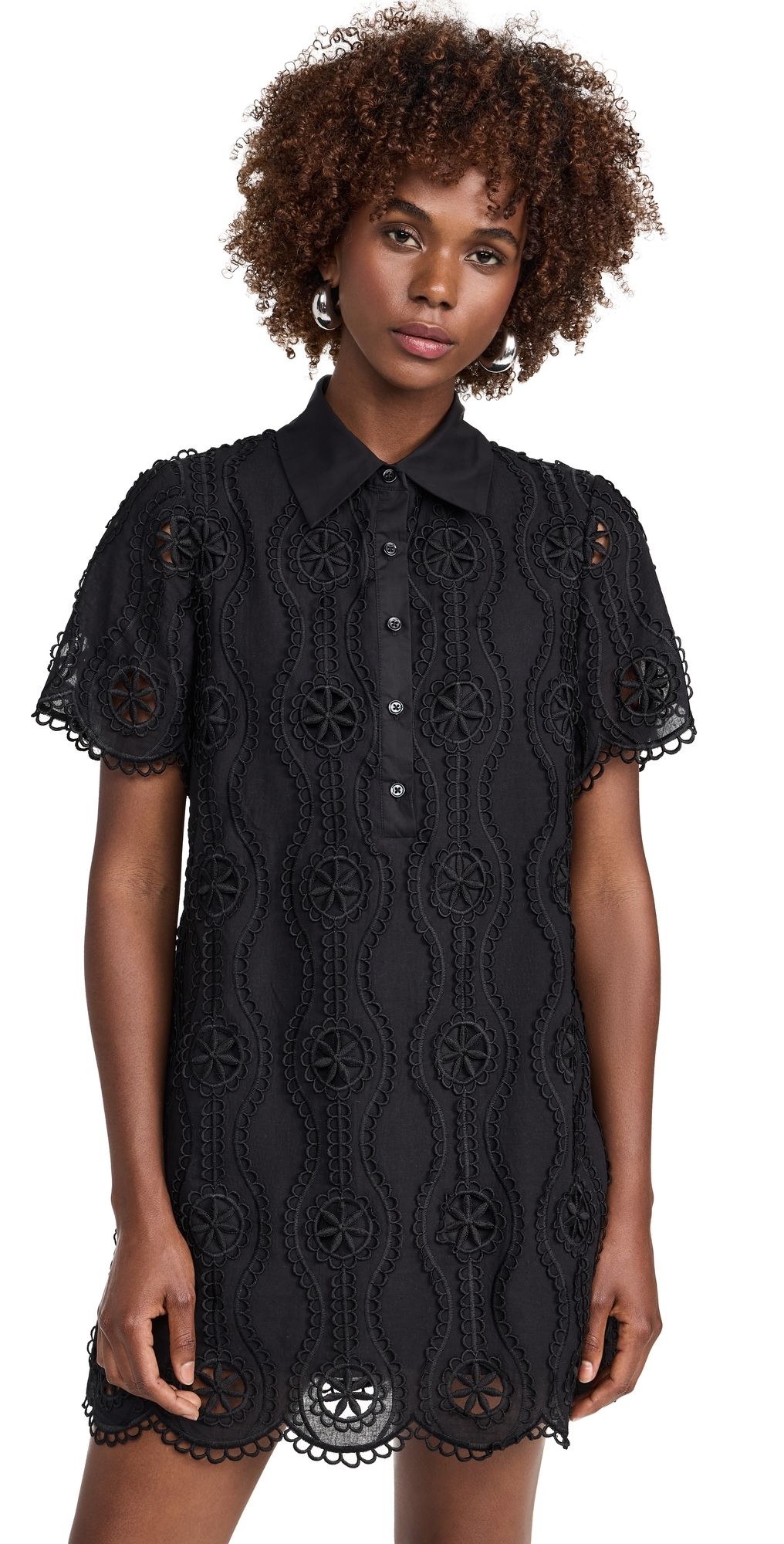 English Factory Scallop Embroidered Cotton Mini Shirt Dress Black XS