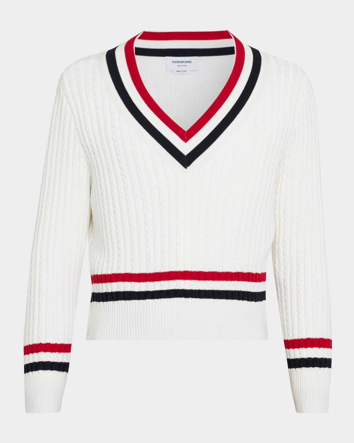 Men & apos;s Cotton Cable Knit Stripe-Trim V-Neck Sweater
