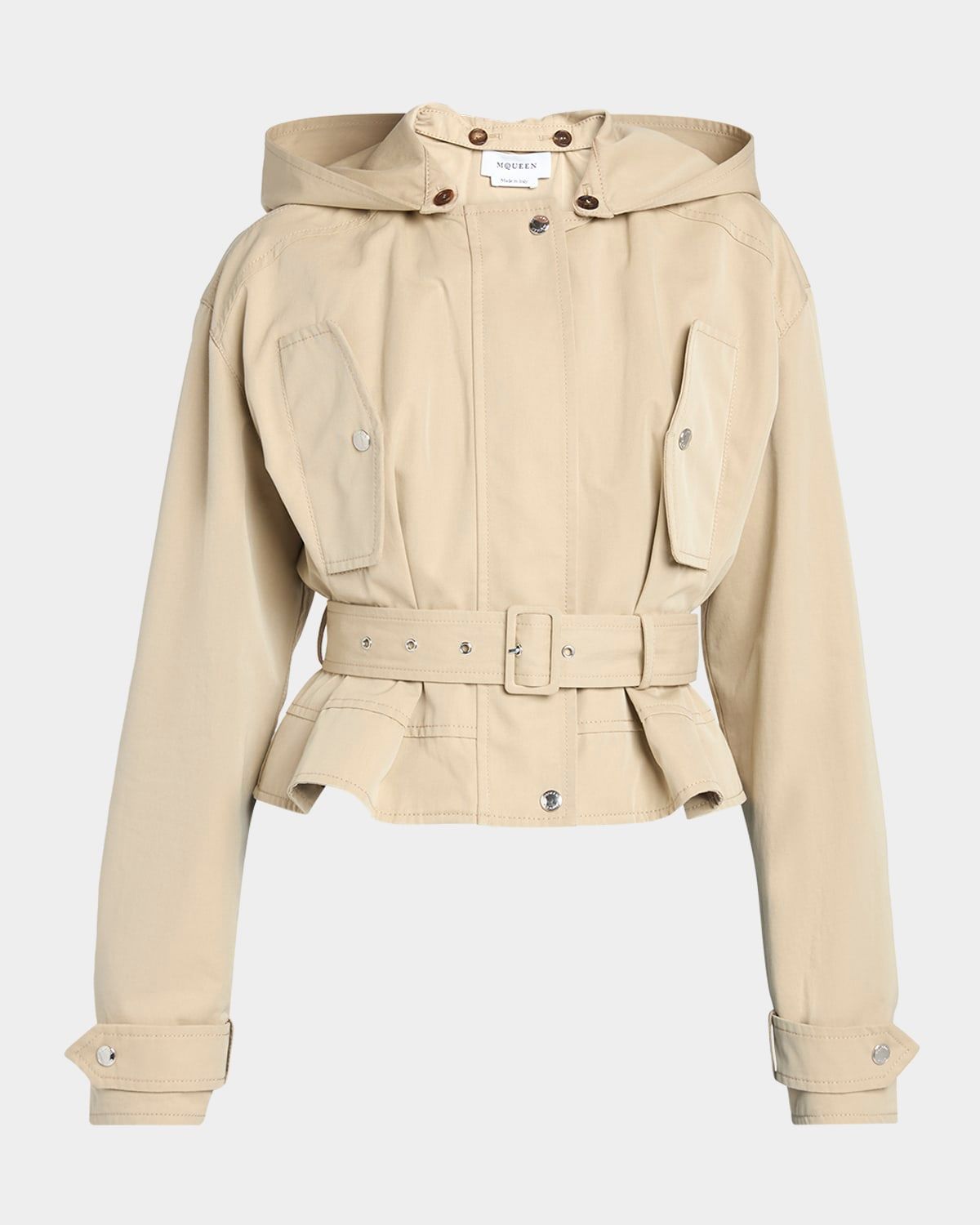 Belted Windbreaker Jacket With Detachable Hood