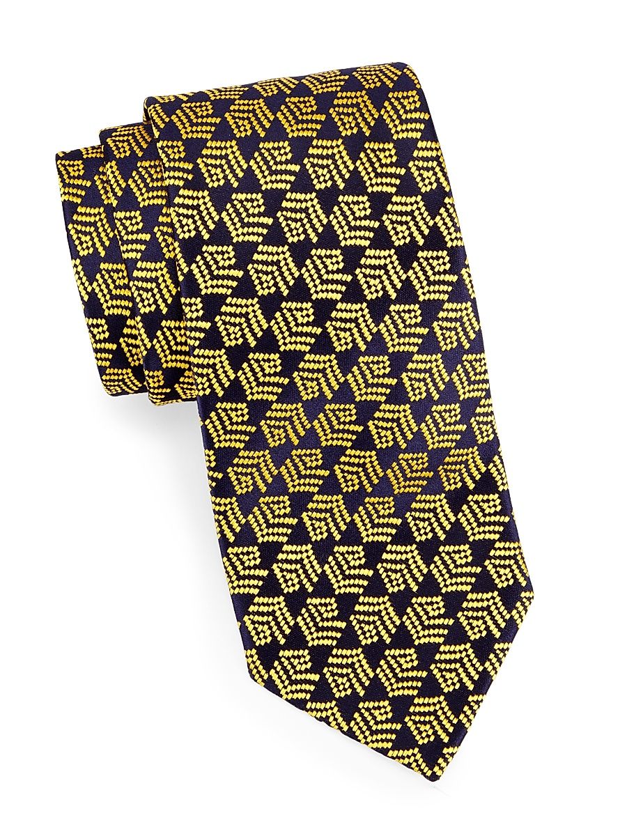 Men's Geometric Shaded Stripe Silk Jacquard Tie - Navy Yellow