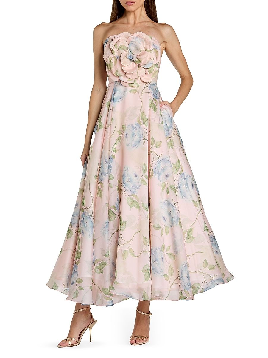 Women's Floral Organza A-Line Strapless Cocktail Dress - Powder Blue Multi - Size 16