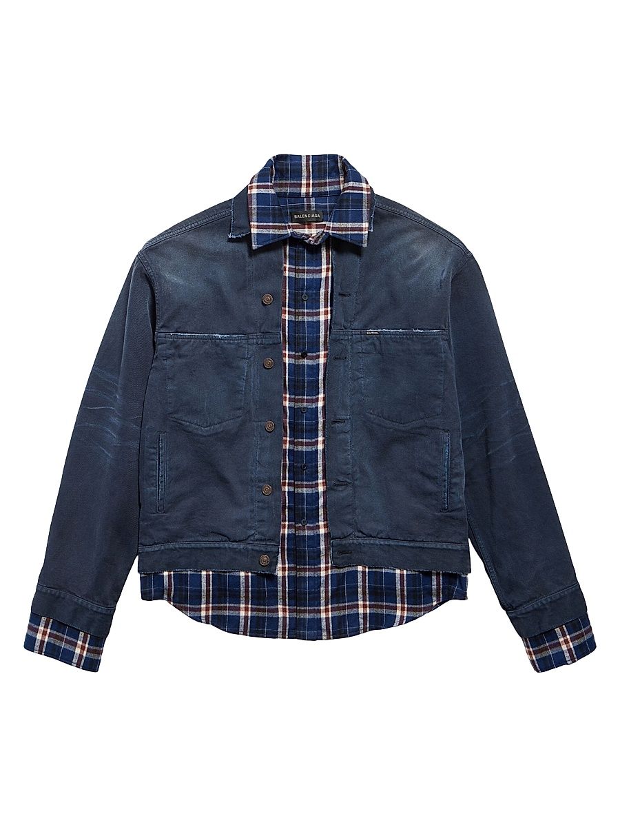 Men's Patched Denim Jacket - Navy Dirty Dark Blue - Size Large