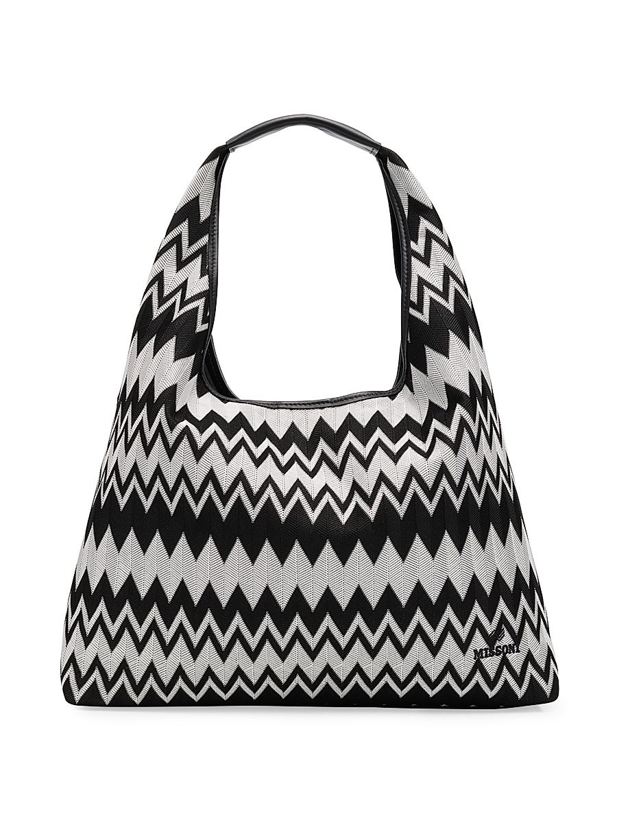 Women's Large Optical Wave Cotton-Leather Hobo Bag - Black White