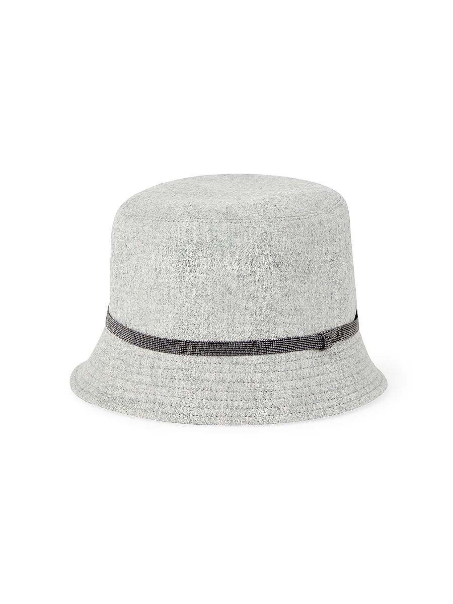 Women's Virgin Wool and Cashmere Flannel Bucket Hat with Shiny Band - Light Grey - Size Small