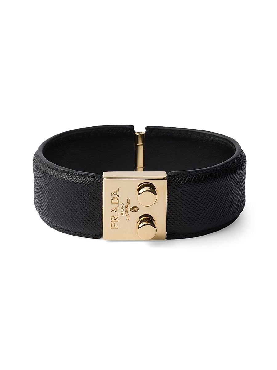 Women's Metal and Saffiano Leather Bracelet - Black - Size Large
