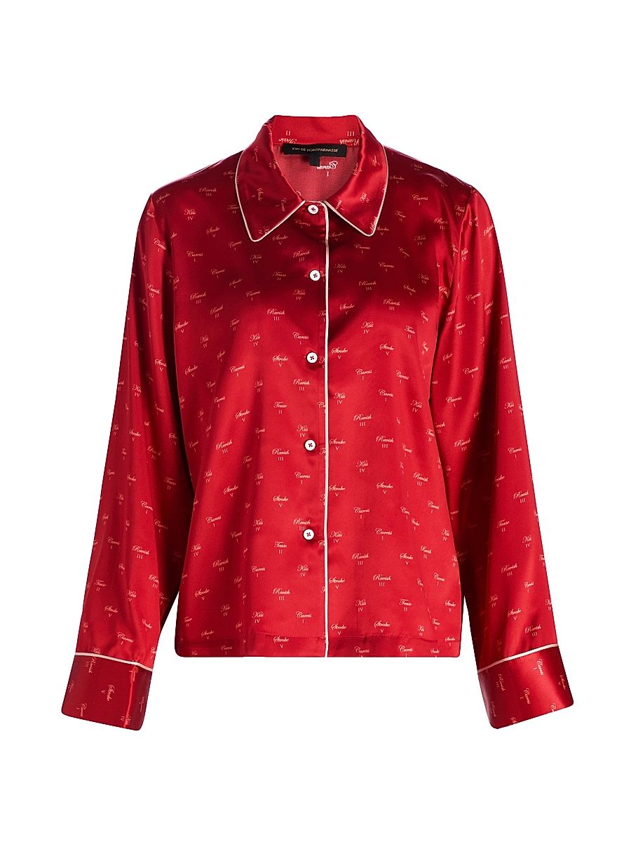 Women's Kiss-Printed Silk Pajama Top - Kiki Red And Buff - Size Large