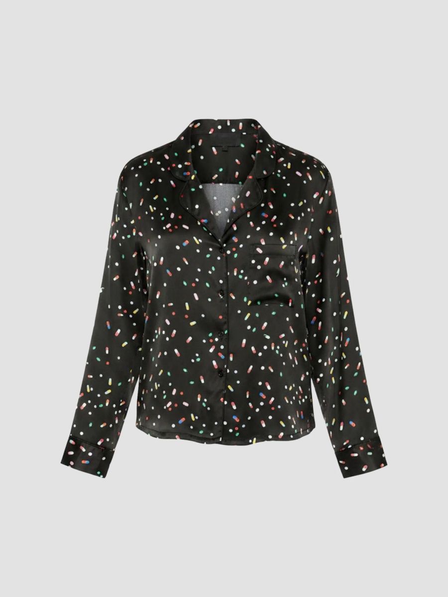 Cynthia Rowley Women's Pill Print Silk Button-Front Pajama Shirt - Black Multi - Size Large