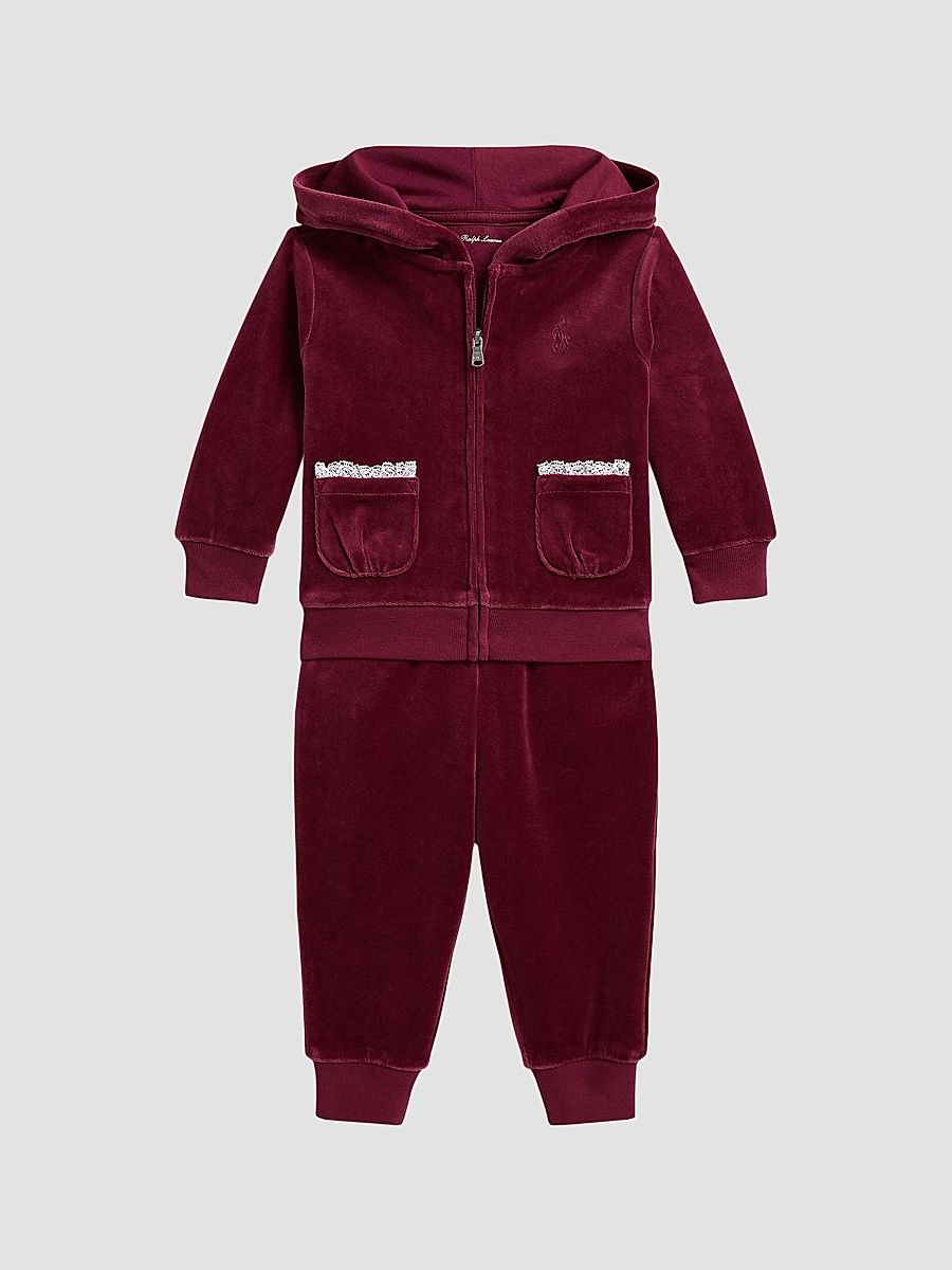 Baby Girl's Velour Lace-Trimmed Sweatsuit - Aubergine - Size 9 Months
