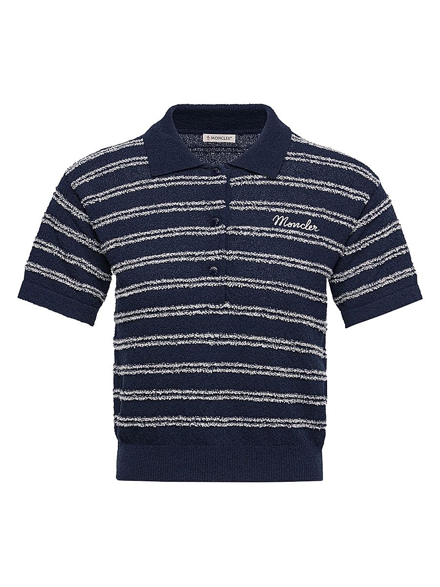 Women's Polo Shirt in Cotton Blend Bouclé Crêpe - Navy Blue - Size Large