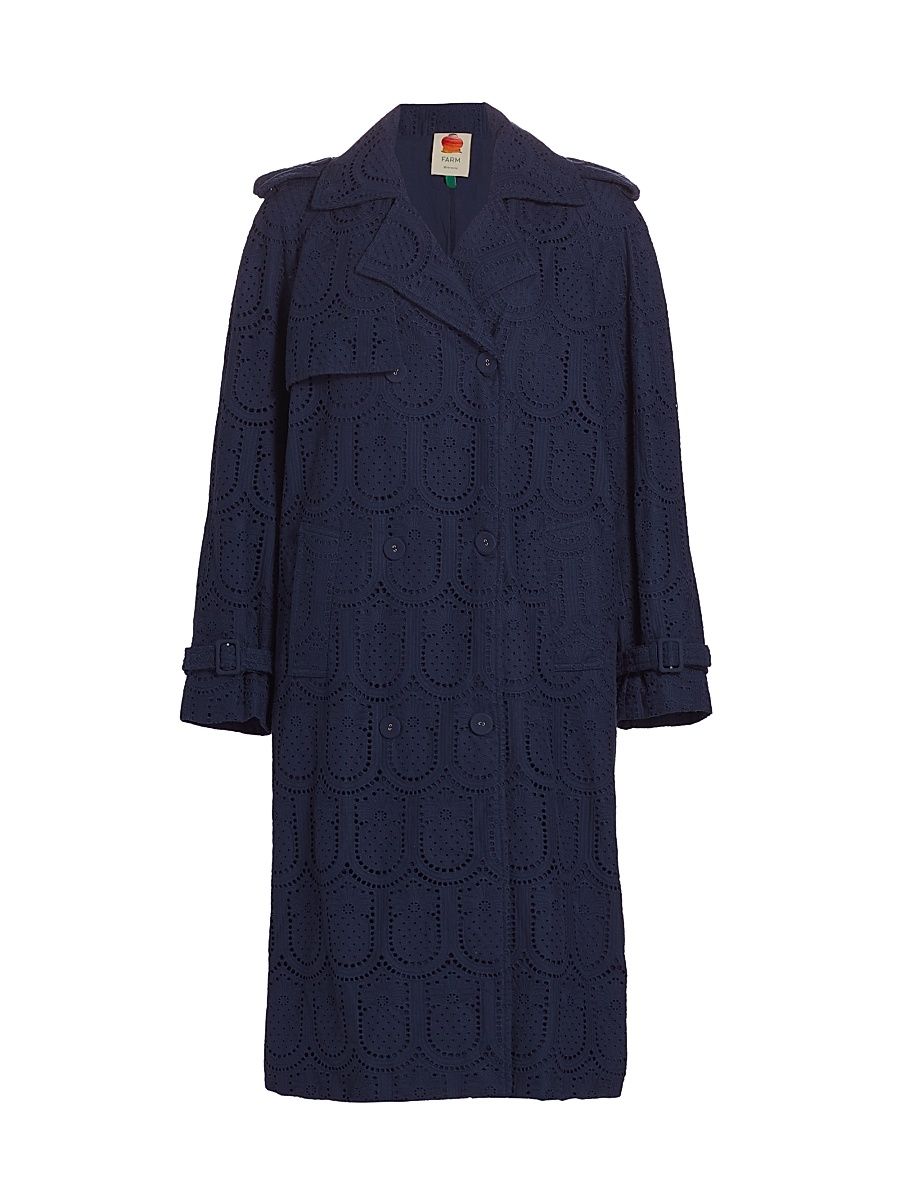 Women's Eyelet Cotton Double-Breasted Trench Coat - Navy Blue - Size XL