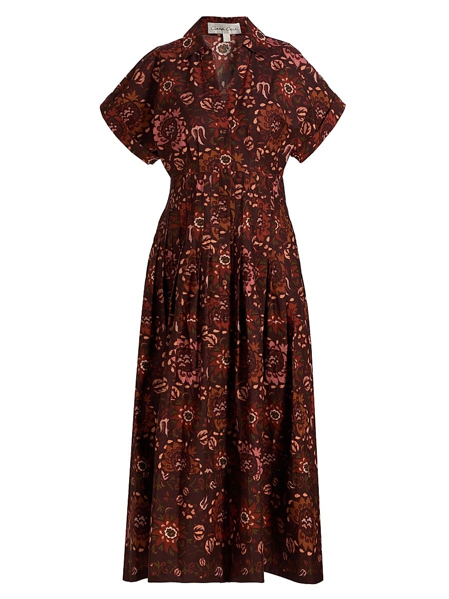 Women's Nash Printed Poplin Cotton Midi-Shirtdress - Batik Vine Wine - Size Large