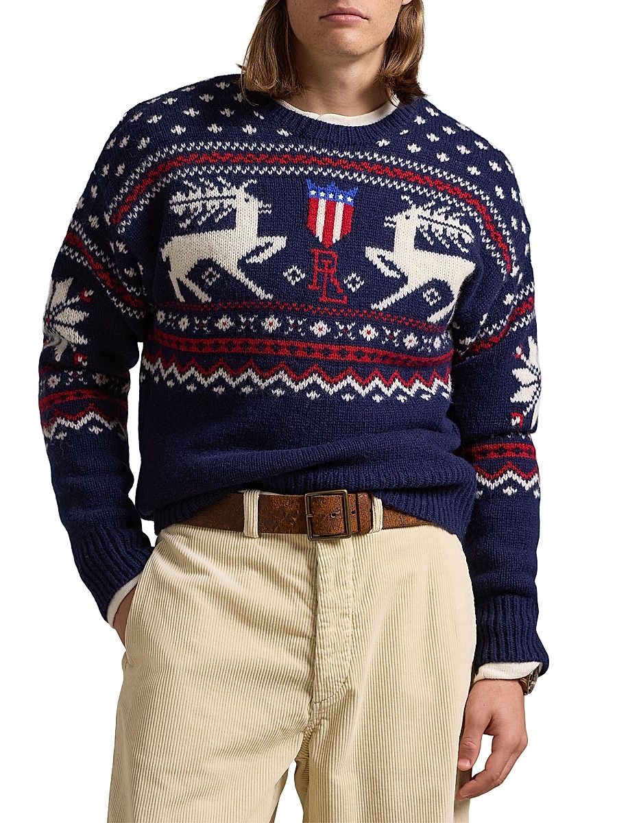 Men's Deer-Jacquard Wool Sweater - Navy Combo - Size Medium