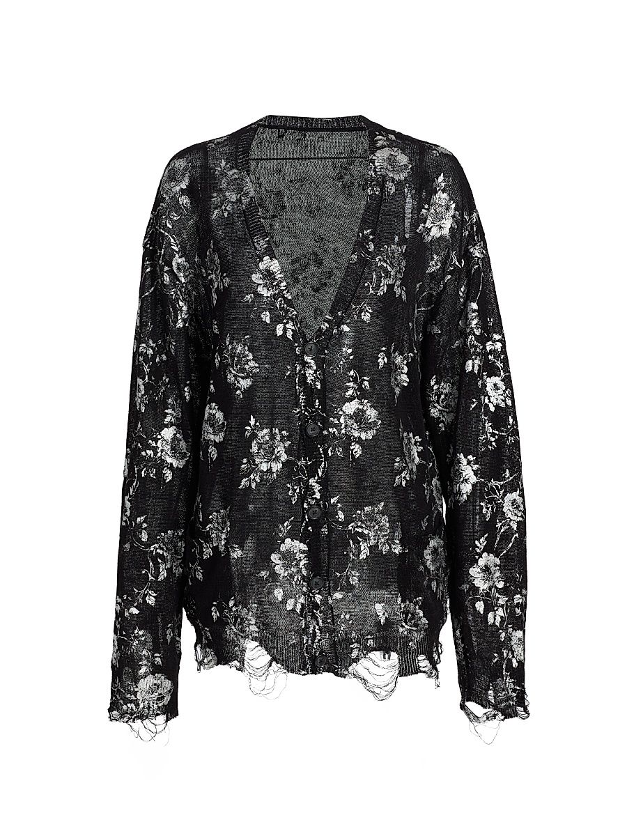 Women's Floral-Print Linen Boyfriend Cardigan - Silver Floral On Black - Size XL